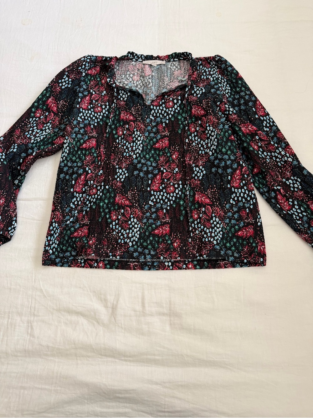 LOFT Black Long-Sleeve Floral Blouse with Pink and Teal Accents